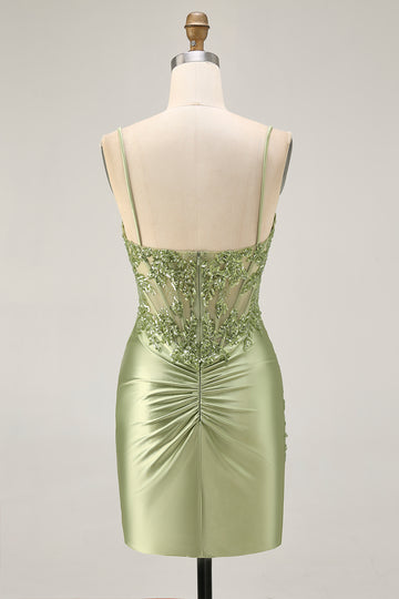 Corset Satin Bodycon Sage Green Homecoming Dress With Sequins